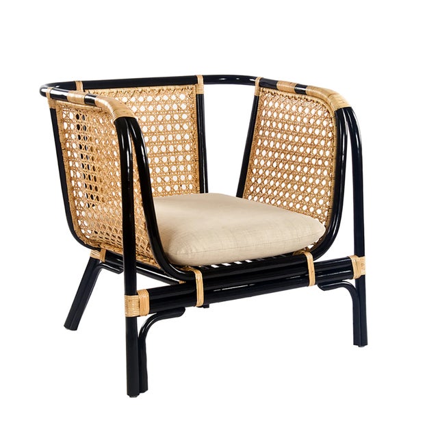French Matthew Izzo Home Quay Black Bamboo and Rattan Lounge Chair With Cushion For Sale - Image 3 of 7