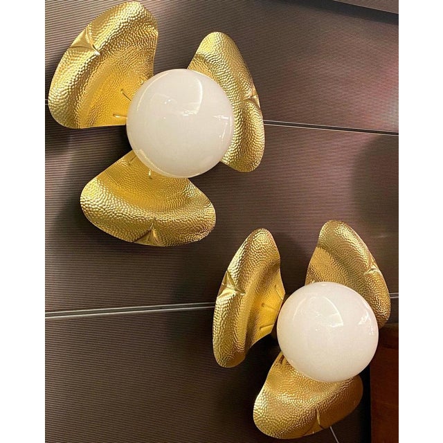 Striking set of 10 Mid-Century hammered and polished red brass, yellow gold leaf sconces or flush mount in the manner of...