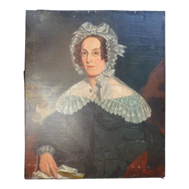 Large 19th C. American Portrait of a Gentlewoman in Spectacles Restored Oil on Canvas For Sale