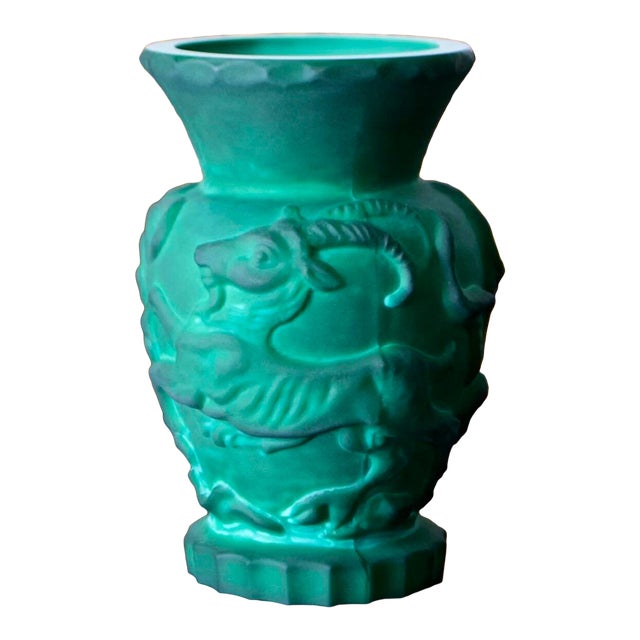 Curt Schlevogt for Ingrid Malachite Glass Ram & Bird Vase – Czech Art Deco, 1930s For Sale