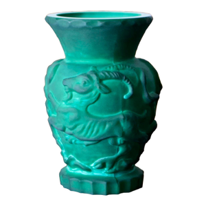 Curt Schlevogt for Ingrid Malachite Glass Ram & Bird Vase – Czech Art Deco, 1930s