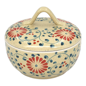 Hand-Painted Bat Trang Vietnamese Ceramic Lidded Bowl With Red & Blue Floral Pattern