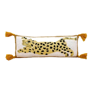 Contemporary Leopard Wool Hooked Boho Lumbar Throw Pillow