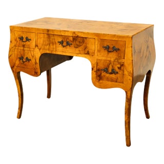 1950s Antique Mid Century Italian Burl Oyster Olive Wood Patchwork Bombe Shaped Desk For Sale