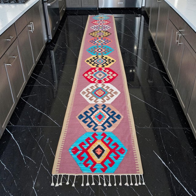 Tribal Hand Woven Silk Runner Rug . Full Tribal Design Runner Rug Narrow Runner Rug New - 2′ X 14′6″ For Sale - Image 3 of 14