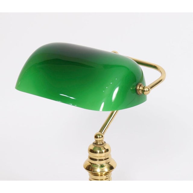 Vintage Green Glass Brass Articulated Bankers Desk Lamp For Sale - Image 4 of 9