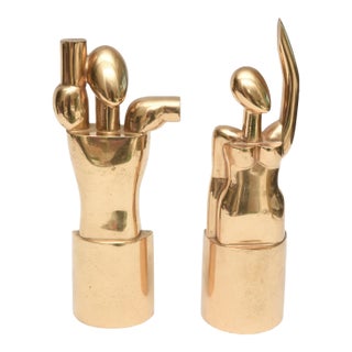 Vintage 1977 Bronze Cubist Signed Rabaey Modernist Sculpture or Bookends Man Woman Pair Of For Sale