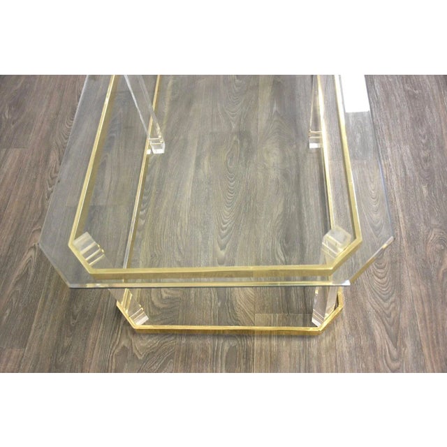 Modern Brass Lucite and Glass Coffee Table For Sale - Image 3 of 8