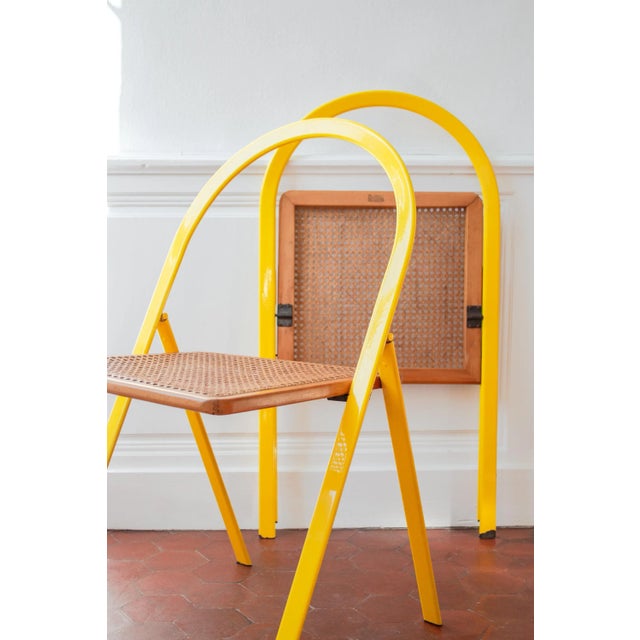 Vintage Folding Chairs in Yellow Lacquered Metal and Caning by Giorgio Cattelan for Cidue, 1970s, Set of 2 For Sale - Image 14 of 18