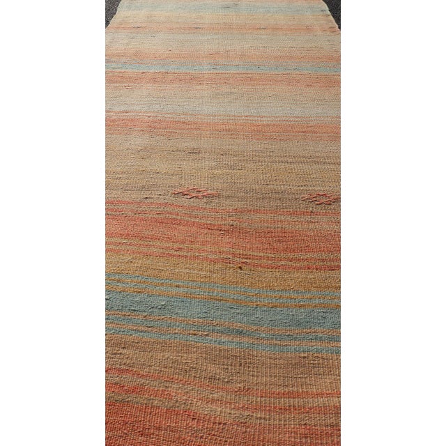Textile Vintage Turkish Kilim Runner With Stripes in Orange, Taupe, Tan, Cream & Blue For Sale - Image 7 of 11