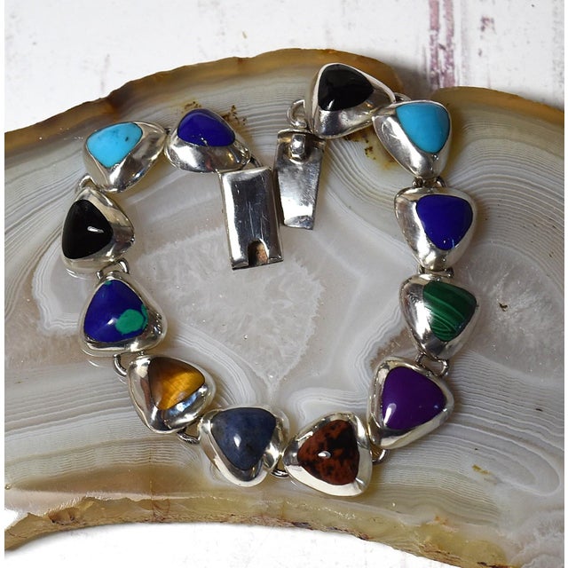 Mexican Vintage Mexican 950 Sterling Silver Multi Gemstone Tennis Bracelet For Sale - Image 3 of 17