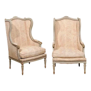 French Louis XVI Style Painted and Carved Wooden Bergères à Oreilles - a Pair