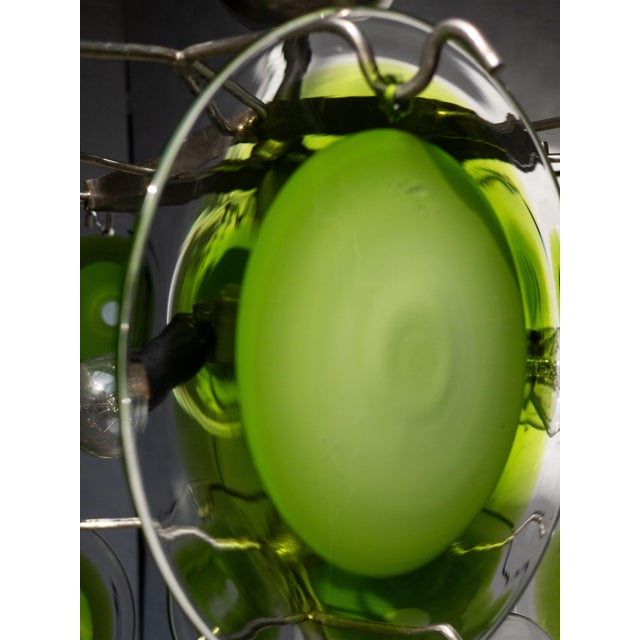 Mid-Century Modern Mid-Century Italian Modernist Chandelier by Gino Vistosi, 1970s Murano Green Glass Disc and Chrome For Sale - Image 3 of 8