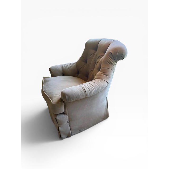 Tufted Swivel Club Chair in Taupe Denim-Style Fabric For Sale - Image 4 of 11