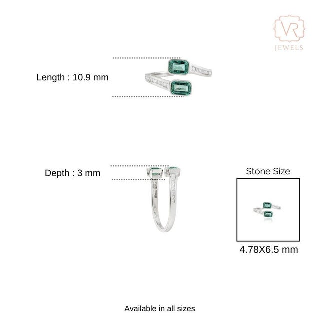 Octagon Emerald Toi Et Moi Bypass Ring With Baguette Diamonds in 14k Gold Size 4 For Sale - Image 12 of 16