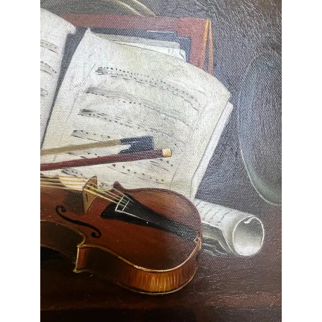 Early 20th Century Still Life Violin & Sheet Music Oil on Canvas Signed Hessler, Framed 1900's For Sale - Image 5 of 11