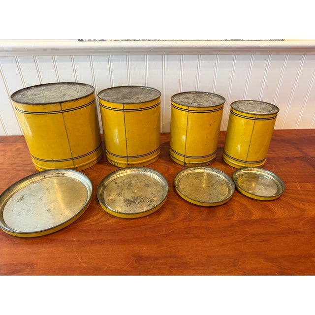 Early 20th Century Bright Yellow Enamel Flour, Sugar, Coffee & Tea Kitchen Canisters – Set of 4 For Sale - Image 16 of 17