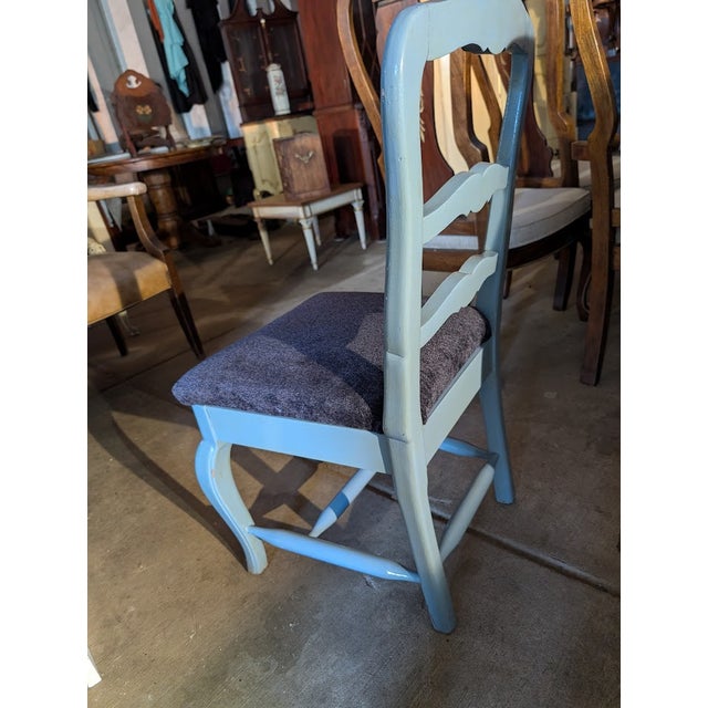 Vintage Sky Blue French Provincial Ladderback Side Chair – Carved Crest & Cabriole Legs For Sale - Image 4 of 8