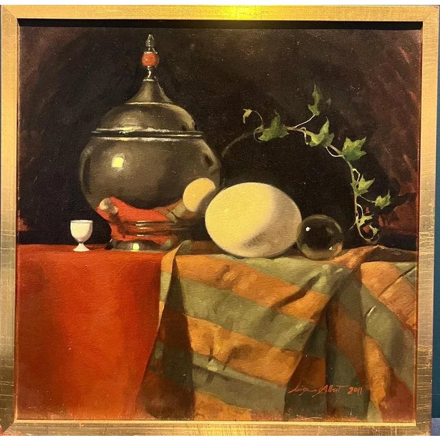 Luisa Albert, Objects on Orange Tablecloth, 2011, Oil on Canvas For Sale - Image 6 of 6