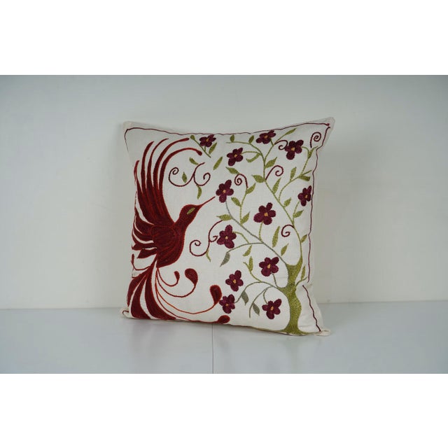 Mid-Century Modern Floral Bird Embroidery Suzani Cushion For Sale - Image 3 of 4