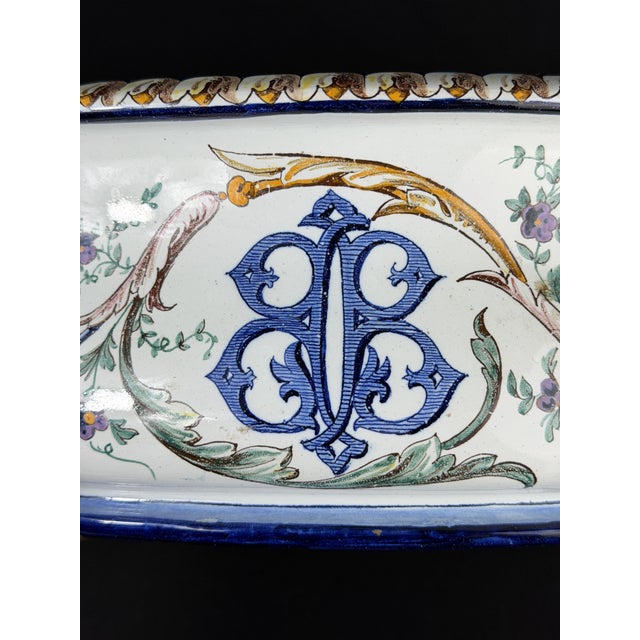 Antique French Hand Painted Faience Jardiniere with Tree Branch Handles, 1880s For Sale - Image 6 of 11