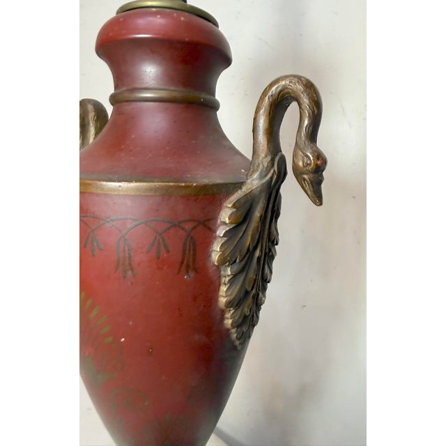 Antique Handmade Painted French Red Tole Toleware Swan Metal Table Lamp Light For Sale - Image 14 of 18