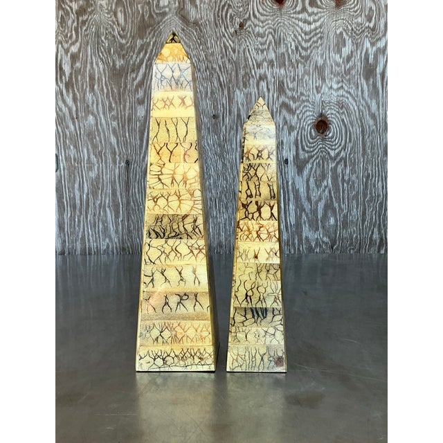 Wood Vintage Boho Coconut Skin Obelisks - Set of 2 For Sale - Image 7 of 9