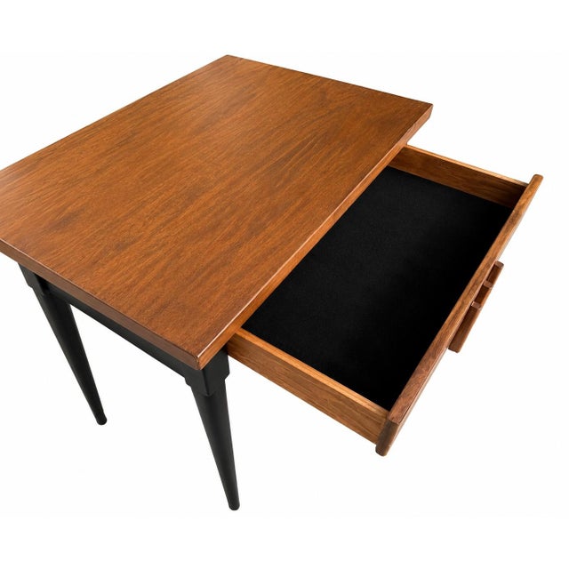 1950s 1950s Refinished Mid-Century Modern Walnut Veneer Writing Desk / Accent Table With Sculpted Drawer Pulls For Sale - Image 5 of 7