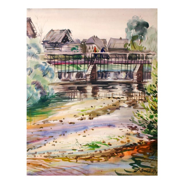 Janis Brekte, The Dam, 1959, Watercolor on Cardboard For Sale