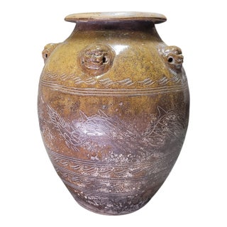 Large Antique Chinese Martaban Stoneware Dragon Jar, Qing Dynasty Circa 1850 For Sale