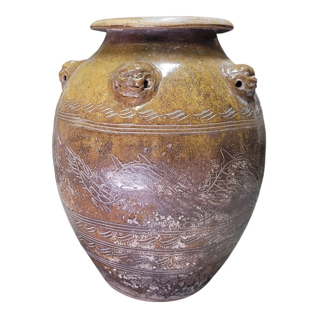 Large Antique Chinese Martaban Stoneware Dragon Jar, Qing Dynasty Circa 1850 For Sale