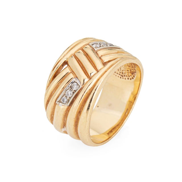 Modern Vintage 1980s Diamond Wide Band 14k Yellow Gold Ring Size 8.5 For Sale - Image 3 of 7