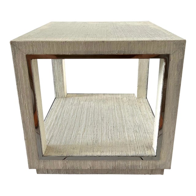 Mid Century Grasscloth White Side Table With Chrome For Sale
