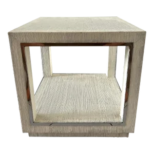 Mid Century Grasscloth White Side Table With Chrome