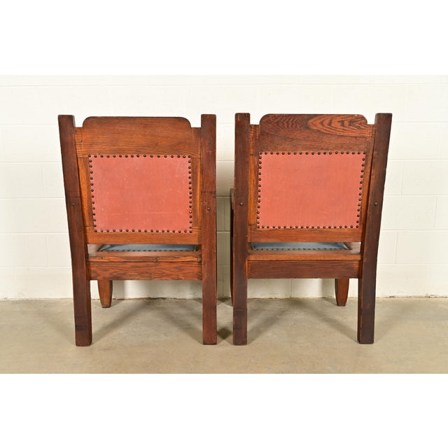 Harden Furniture Style Antique Arts & Crafts Carved Oak Library Chairs, Pair For Sale - Image 11 of 12