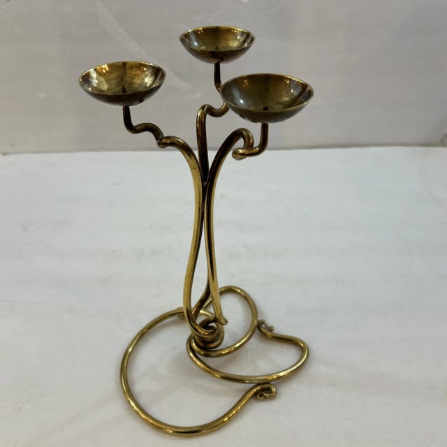 Metal Vintage Joe Spoon Hand Wrought Brass 3 Arm Candle Holder Signed and Dated 1995 For Sale - Image 7 of 12