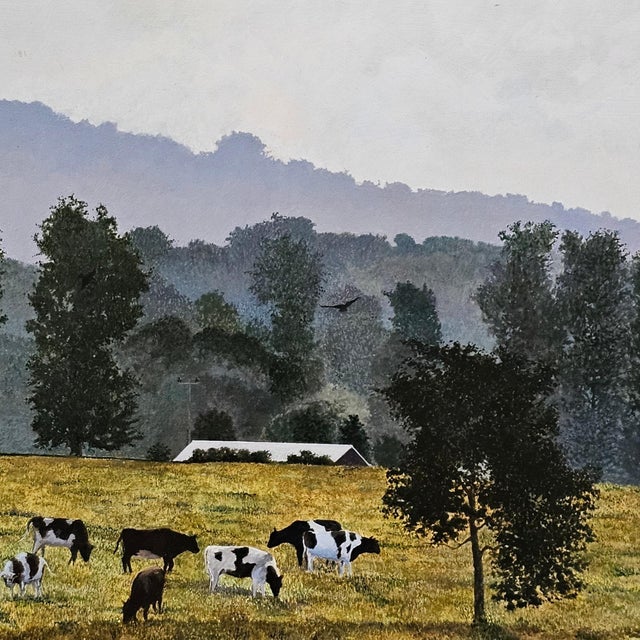 Farmhouse Joe Tye Oil Painting “Early Morning Along the Elbe” 1991 Framed Landscape Art 26” For Sale - Image 3 of 10