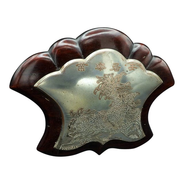 Antique Japanese Fan Shaped Scholar's Silverplate Writer's Desk Inspiration Plaque 1900 Chrysanthemums and Birds For Sale