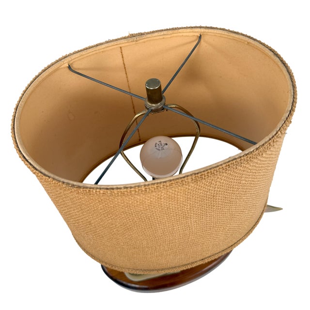 Vintage 1970s Brass Whale Table Lamp W/ Walnut Wood Base & Grasscloth Shade For Sale - Image 14 of 18