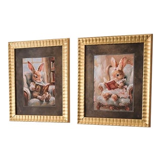 Large Storybook Bunny Reading Canvas Nursery Wall Art in Gold Ribbed Heavy Frames Pair For Sale