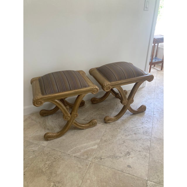 French Regency Ottomans - a Pair. Original Finish from the 1950's Paris. Interesting Purple toned fabric too. Nice hand...