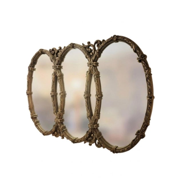 Glass Vintage Oval Ornate Triple Hollywood Regency Triptych Glamour Wall Mirror For Sale - Image 7 of 10