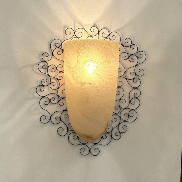 Frosted Amber Glass and Wrought Iron Wall Sconces with Metal Frames, Set of 2 For Sale - Image 3 of 18
