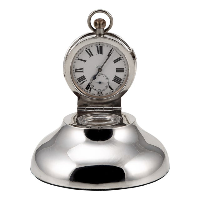 20th Century Edwardian Solid Silver & Glass Inkwell With Clock, Chester, 1900s For Sale