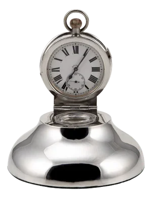 20th Century Edwardian Solid Silver & Glass Inkwell With Clock, Chester, 1900s