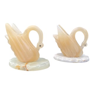 Late 20th Century Carved Onyx Swan Sculptures on Stone Bases – Pair For Sale