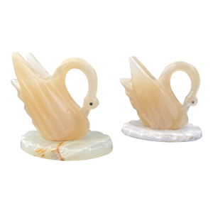 Late 20th Century Carved Onyx Swan Sculptures on Stone Bases – Pair