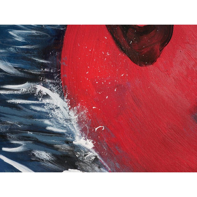 Blue and red abstract contemporary seascape landscape by Houston, TX artist Moisés Villafuerte. This abstract painting...