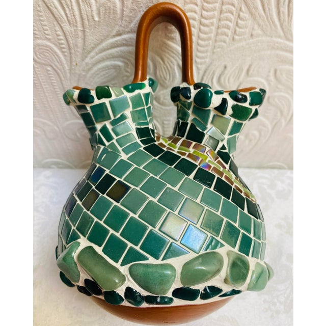 Green 2000s Glass Mosaic Art on Southwestern Pottery Wedding Vase Lizard and River For Sale - Image 8 of 9