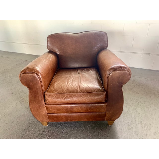 Pair of Leather Club Chairs, French Art Deco-Style, Classic Distressed Brown Leather, "Mustache" Back For Sale - Image 4 of 13